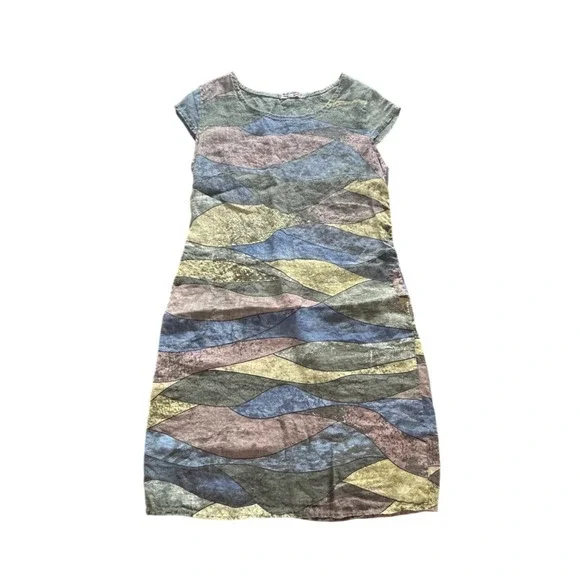 VBN Moda Italy Linen Dress Multicolor Abstract‎ Art Wave Print Patchwork Medium - Picture 2 of 8